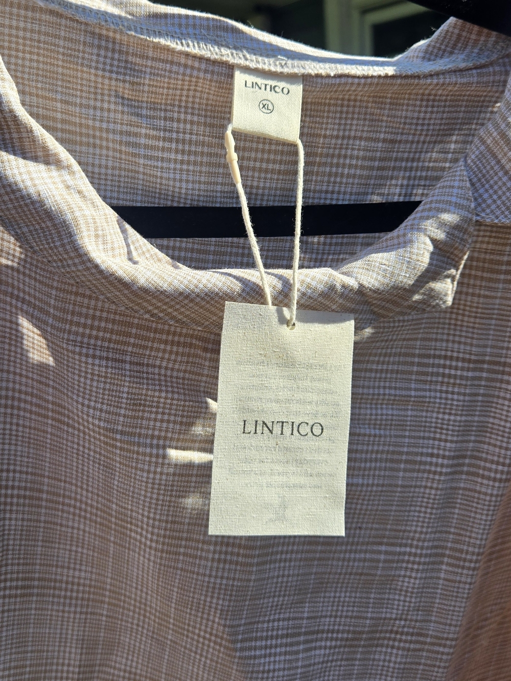 NWT LINTICO XL Beige Check Linen Blend Boxy 3/4 Sleeve Minimalist Top